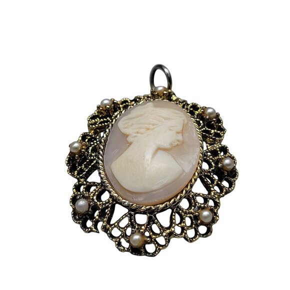 Vermeil Carved Shell Cameo Pendant Faux Pearl Accent Gold Tone Sterling Silver - Picture 7 of 14